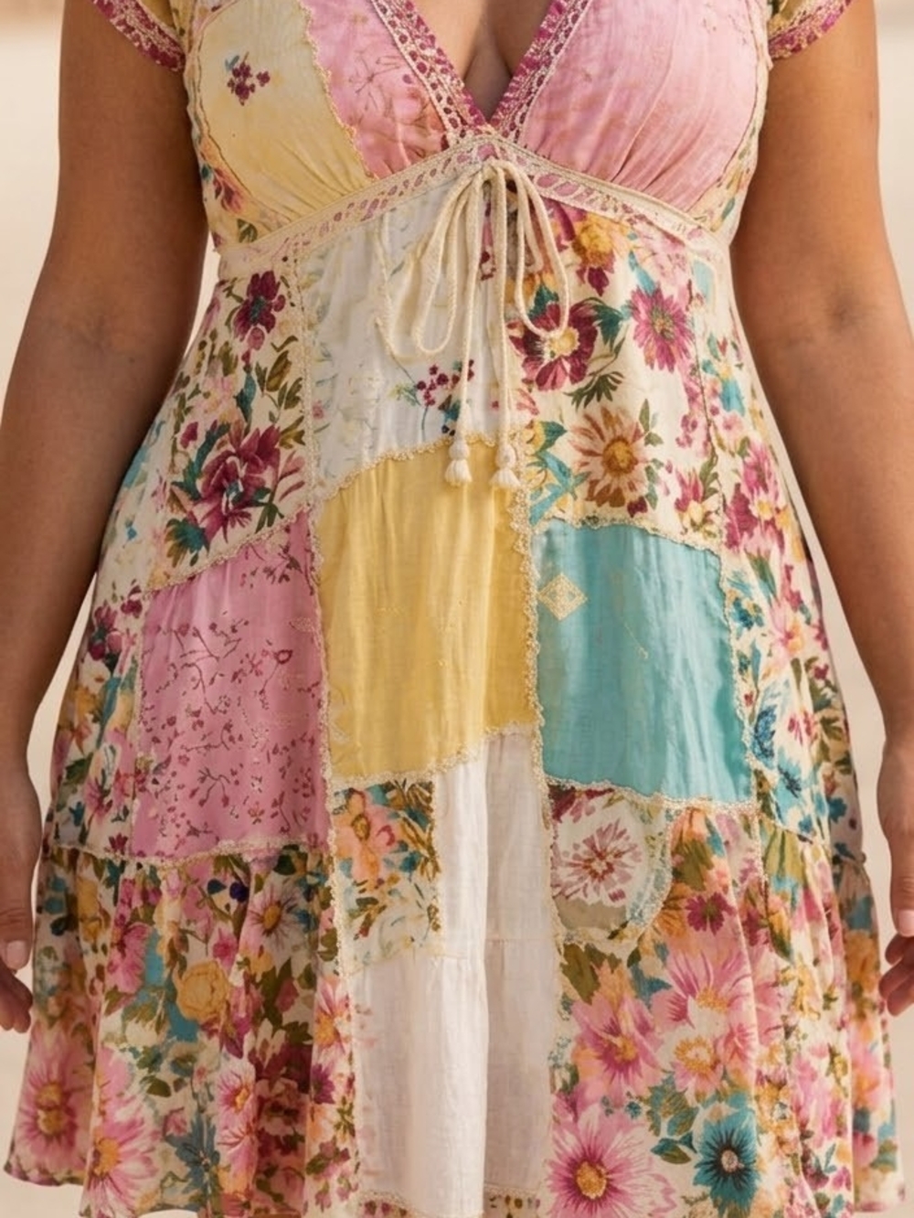 Boho Patchwork Floral Maxi Dress - Pink, Yellow & Turquoise